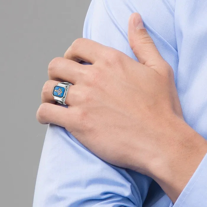 14k White Gold Polished and Textured with Black Enamel and Imitation Blue Spinel Masonic Ring Goldia Rings