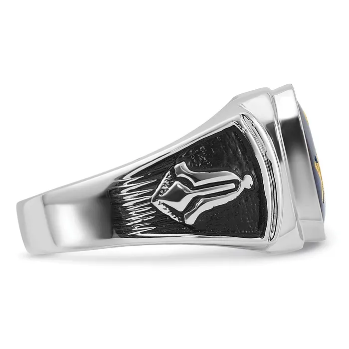 14k White Gold Polished and Textured with Black Enamel and Imitation Blue Spinel Masonic Ring Goldia Rings