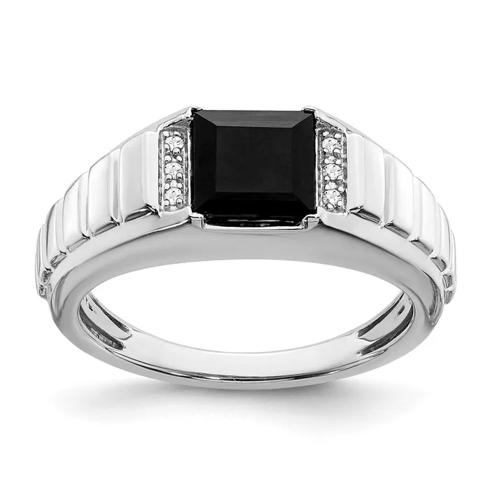 14k White Gold Square Onyx and Real Diamond Mens Ring Goldia Rings