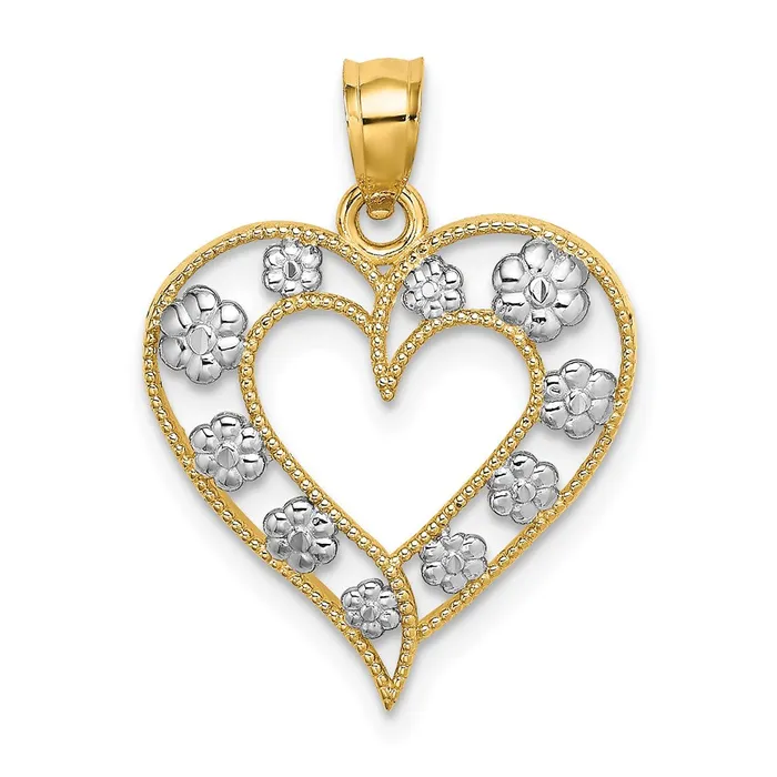14k Yellow Rhodium Gold Twotone Gold Textured CutOut Heart w Flowers Charm Goldia Rings 14k Yellow Rhodium Gold Twotone Gold Textured CutOut Heart w Flowers Charm Goldia Rings