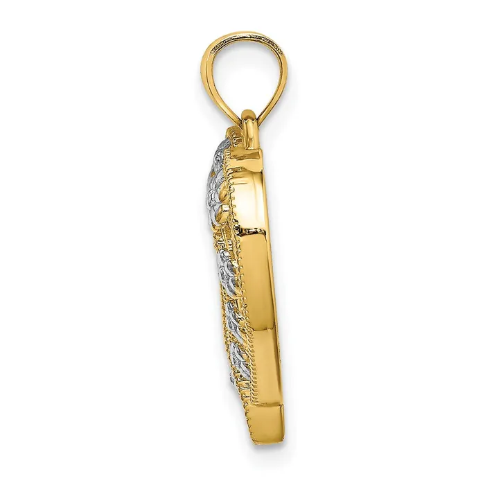 14k Yellow Rhodium Gold Twotone Gold Textured CutOut Heart w Flowers Charm Goldia Rings