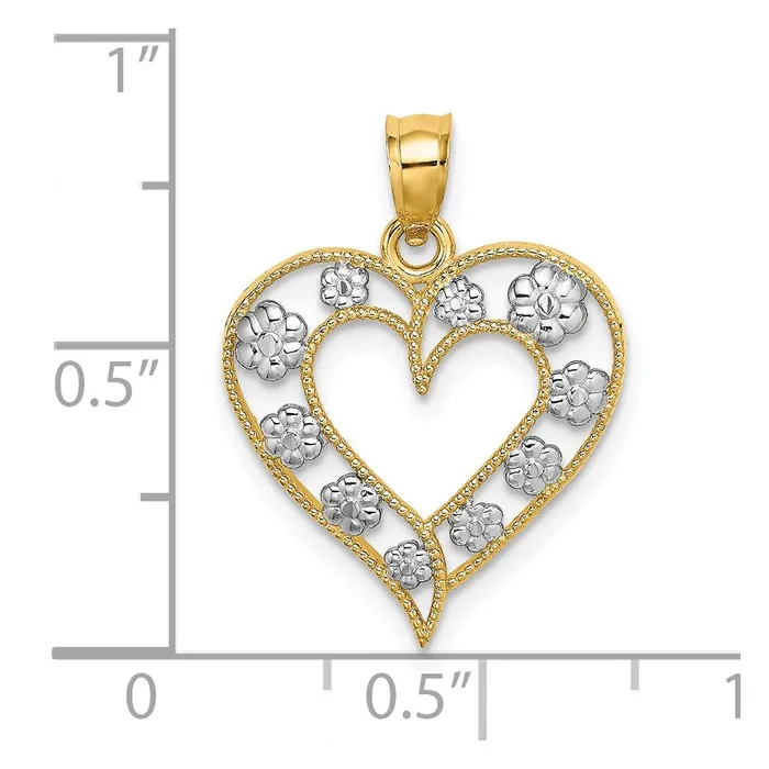 14k Yellow Rhodium Gold Twotone Gold Textured CutOut Heart w Flowers Charm Goldia Rings