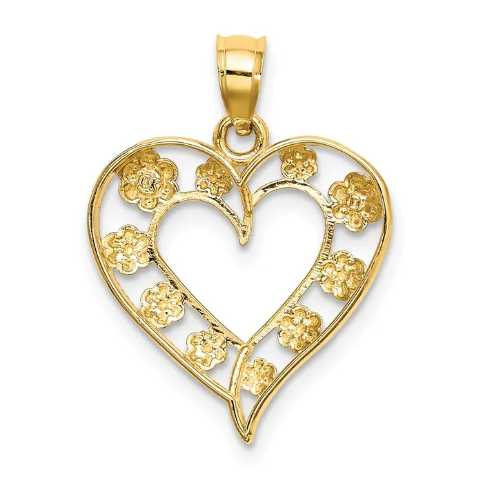 14k Yellow Rhodium Gold Twotone Gold Textured CutOut Heart w Flowers Charm Goldia Rings