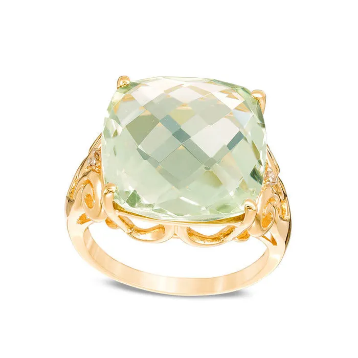 150mm CushionCut Green Quartz and Natural Diamond Accent Scroll Ring in Solid 10K Yellow Gold Goldia Rings 150mm CushionCut Green Quartz and Natural Diamond Accent Scroll Ring in Solid 10K Yellow Gold Goldia Rings