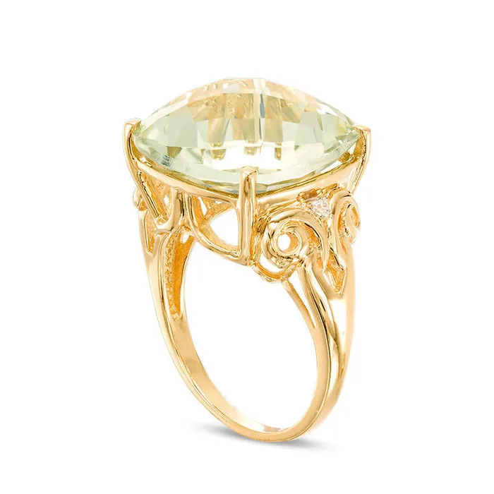 150mm CushionCut Green Quartz and Natural Diamond Accent Scroll Ring in Solid 10K Yellow Gold Goldia Rings 150mm CushionCut Green Quartz and Natural Diamond Accent Scroll Ring in Solid 10K Yellow Gold Goldia Rings