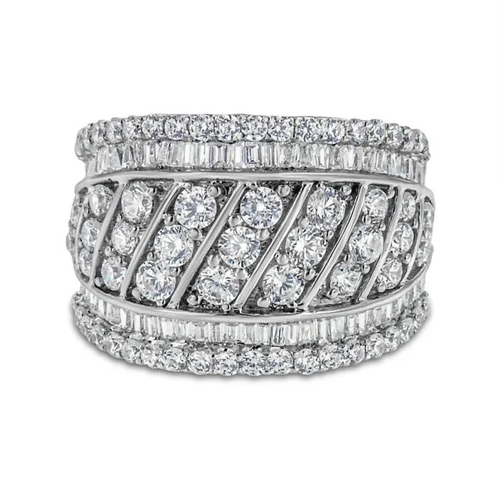 20 CT TW Baguette and Round Natural Diamond Slanted MultiRow Ring in Sterling Silver Goldia Rings