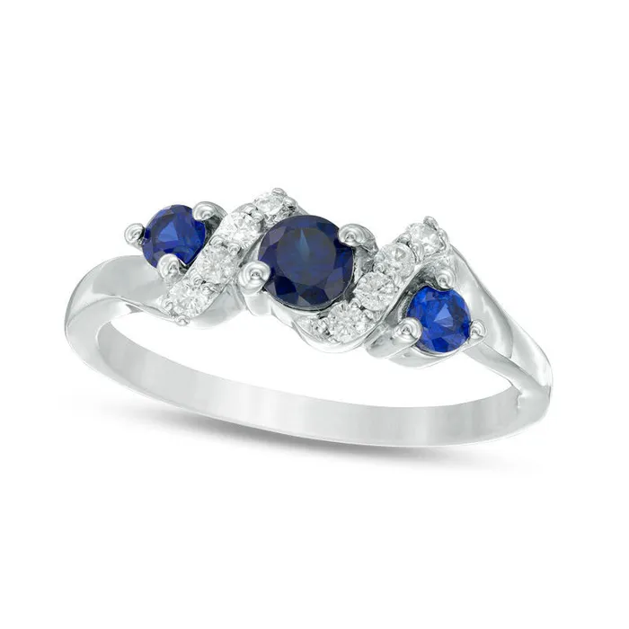 40mm LabCreated Blue Sapphire and 010 CT TW Diamond Overlay Three Stone Ring in Sterling Silver Goldia Rings 40mm LabCreated Blue Sapphire and 010 CT TW Diamond Overlay Three Stone Ring in Sterling Silver Goldia Rings