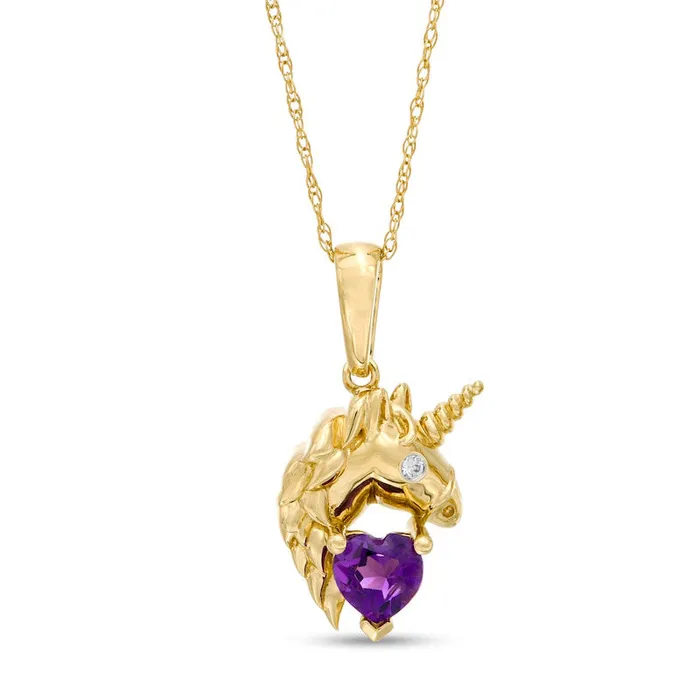 50mm HeartShaped Amethyst and Natural Diamond Accent Unicorn Pendant in 10K Yellow Gold Goldia Necklaces 50mm HeartShaped Amethyst and Natural Diamond Accent Unicorn Pendant in 10K Yellow Gold Goldia Necklaces