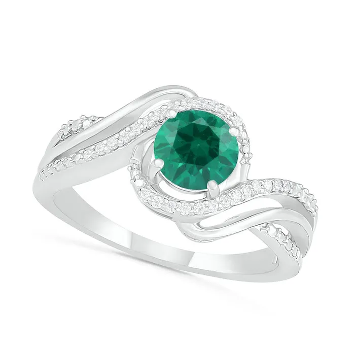60mm LabCreated Emerald and 007 CT TW Diamond Beaded Triple Row Bypass Twist Shank Ring in Sterling Silver Goldia Rings 60mm LabCreated Emerald and 007 CT TW Diamond Beaded Triple Row Bypass Twist Shank Ring in Sterling Silver Goldia Rings