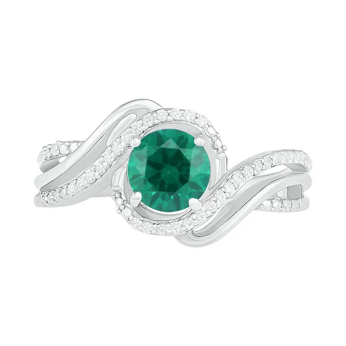 60mm LabCreated Emerald and 007 CT TW Diamond Beaded Triple Row Bypass Twist Shank Ring in Sterling Silver Goldia Rings 60mm LabCreated Emerald and 007 CT TW Diamond Beaded Triple Row Bypass Twist Shank Ring in Sterling Silver Goldia Rings