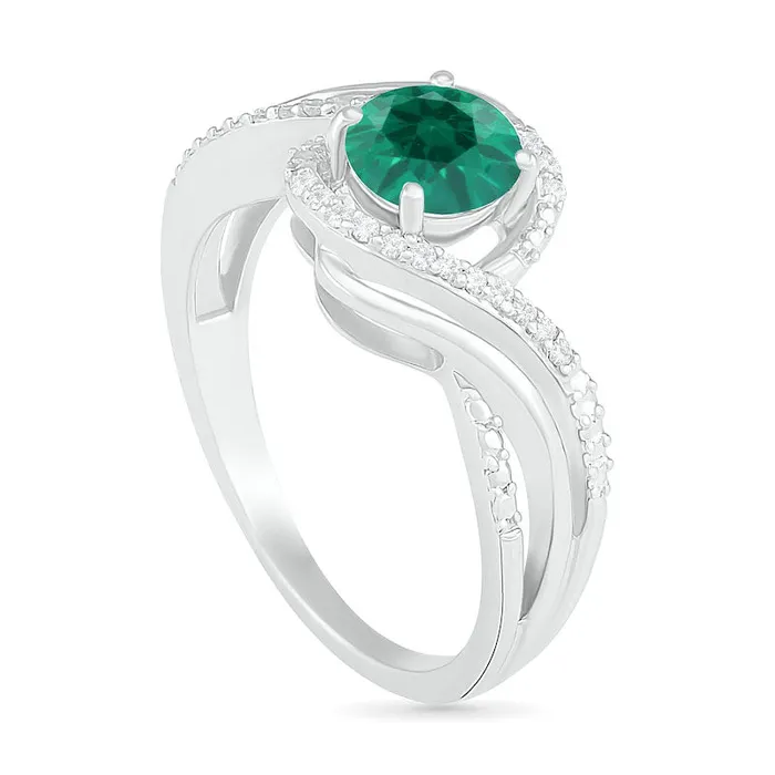 60mm LabCreated Emerald and 007 CT TW Diamond Beaded Triple Row Bypass Twist Shank Ring in Sterling Silver Goldia Rings 60mm LabCreated Emerald and 007 CT TW Diamond Beaded Triple Row Bypass Twist Shank Ring in Sterling Silver Goldia Rings