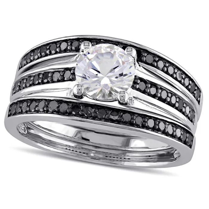 65mm LabCreated White Sapphire and 050 CT TW Enhanced Black Diamond Three Piece Bridal Engagement Ring Set in Sterling Silver Goldia Rings 65mm LabCreated White Sapphire and 050 CT TW Enhanced Black Diamond Three Piece Bridal Engagement Ring Set in Sterling Silver Goldia Rings