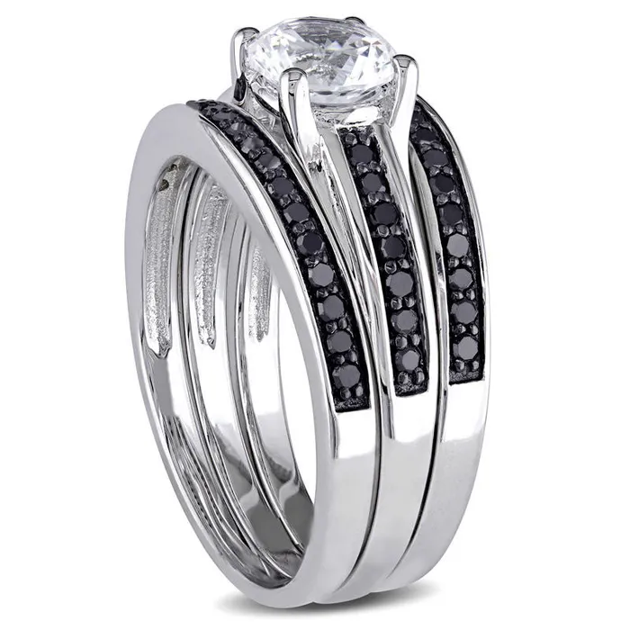 65mm LabCreated White Sapphire and 050 CT TW Enhanced Black Diamond Three Piece Bridal Engagement Ring Set in Sterling Silver Goldia Rings 65mm LabCreated White Sapphire and 050 CT TW Enhanced Black Diamond Three Piece Bridal Engagement Ring Set in Sterling Silver Goldia Rings