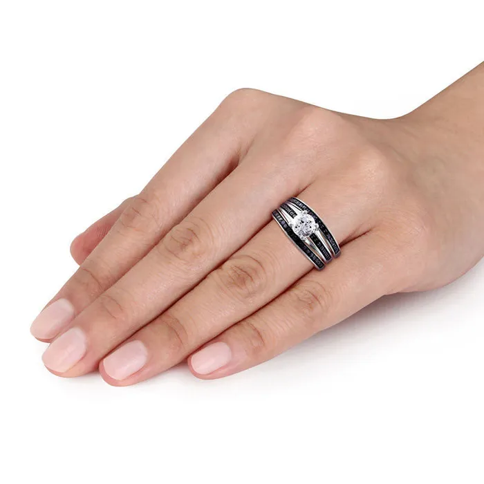 65mm LabCreated White Sapphire and 050 CT TW Enhanced Black Diamond Three Piece Bridal Engagement Ring Set in Sterling Silver Goldia Rings 65mm LabCreated White Sapphire and 050 CT TW Enhanced Black Diamond Three Piece Bridal Engagement Ring Set in Sterling Silver Goldia Rings