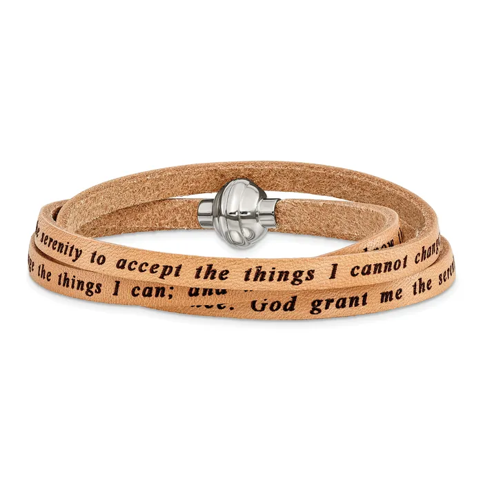 AMEN Stainless Steel Serenity Prayer Tan Leather Wrap with Magnetic Clasp 235 Inch Bracelet Goldia Bracelets AMEN Stainless Steel Serenity Prayer Tan Leather Wrap with Magnetic Clasp 235 Inch Bracelet Goldia Bracelets