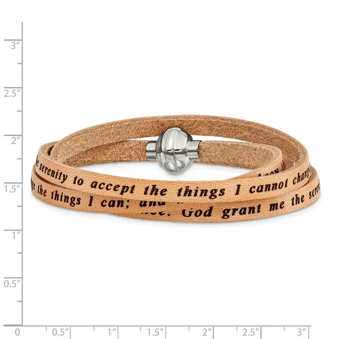 AMEN Stainless Steel Serenity Prayer Tan Leather Wrap with Magnetic Clasp 235 Inch Bracelet Goldia Bracelets