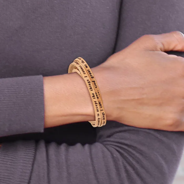 AMEN Stainless Steel Serenity Prayer Tan Leather Wrap with Magnetic Clasp 235 Inch Bracelet Goldia Bracelets