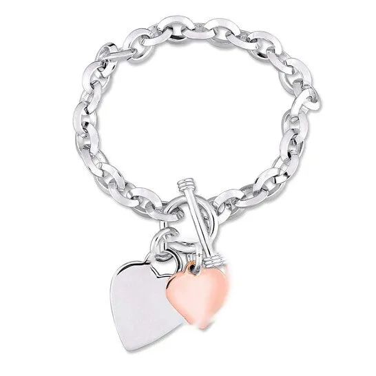 Bracelets JMS always Original AMOUR Oval Link Bracelet with Double Heart Charm and Toggle Clasp In 2Tone Rose and White Sterling Silver Bracelets JMS always Original AMOUR Oval Link Bracelet with Double Heart Charm and Toggle Clasp In 2Tone Rose and White Sterling Silver