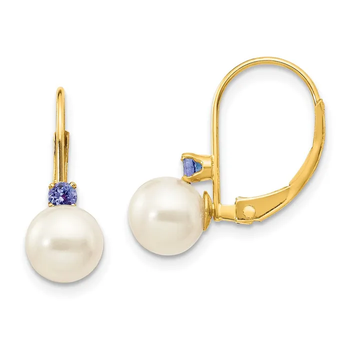 Earrings Goldia 14k Yellow Gold 665mm White Round FW Cultured Pearl Tanzanite Leverback Earrings