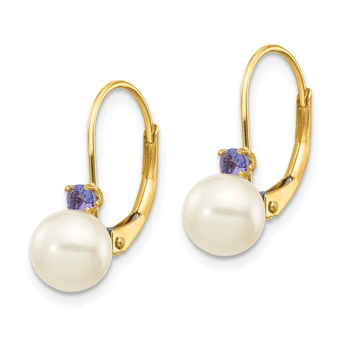 Earrings Goldia 14k Yellow Gold 665mm White Round FW Cultured Pearl Tanzanite Leverback Earrings