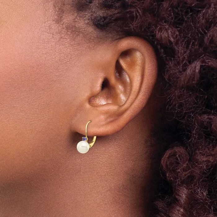 Earrings Goldia 14k Yellow Gold 665mm White Round FW Cultured Pearl Tanzanite Leverback Earrings