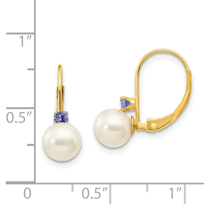 Earrings Goldia 14k Yellow Gold 665mm White Round FW Cultured Pearl Tanzanite Leverback Earrings