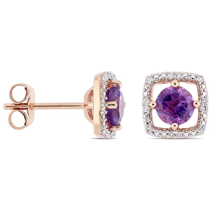Earrings Goldia 50mm Amethyst and 007 CT TW Diamond Cushion Frame Stud Earrings in 10K Rose Gold Earrings Goldia 50mm Amethyst and 007 CT TW Diamond Cushion Frame Stud Earrings in 10K Rose Gold