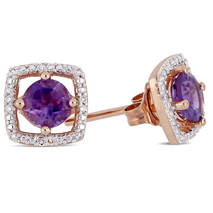 Earrings Goldia 50mm Amethyst and 007 CT TW Diamond Cushion Frame Stud Earrings in 10K Rose Gold Earrings Goldia 50mm Amethyst and 007 CT TW Diamond Cushion Frame Stud Earrings in 10K Rose Gold