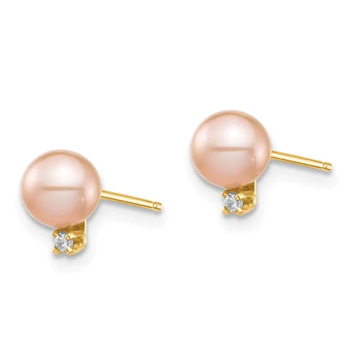 Earrings goldiaca 14K Madi K 5 6mm Pink Round FW Cultured Pearl 02ct Diamond Post Earrings