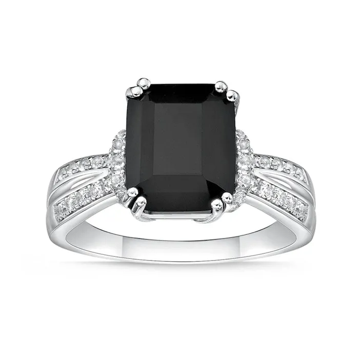 EmeraldCut Black Onyx and White Topaz Collar Split Shank Ring in Sterling Silver Goldia Rings EmeraldCut Black Onyx and White Topaz Collar Split Shank Ring in Sterling Silver Goldia Rings