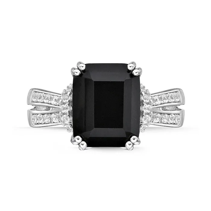 EmeraldCut Black Onyx and White Topaz Collar Split Shank Ring in Sterling Silver Goldia Rings EmeraldCut Black Onyx and White Topaz Collar Split Shank Ring in Sterling Silver Goldia Rings