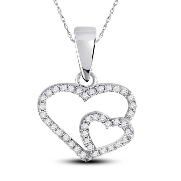 gndatlanta Necklaces 14k White Gold Round Diamond Double Heart Pendant 110 Cttw