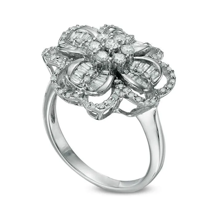 Goldia 10 CT TW Composite Natural Diamond Clover Frame Ring in Solid 10K White Gold Rings Goldia 10 CT TW Composite Natural Diamond Clover Frame Ring in Solid 10K White Gold Rings
