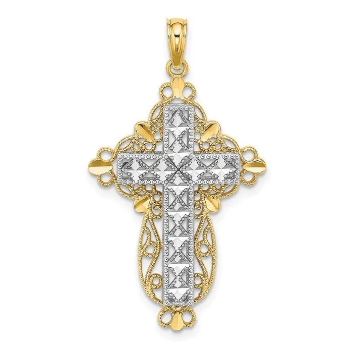 Goldia 14k Twotone Gold 2D and DC Filigree Cross Charm Rings