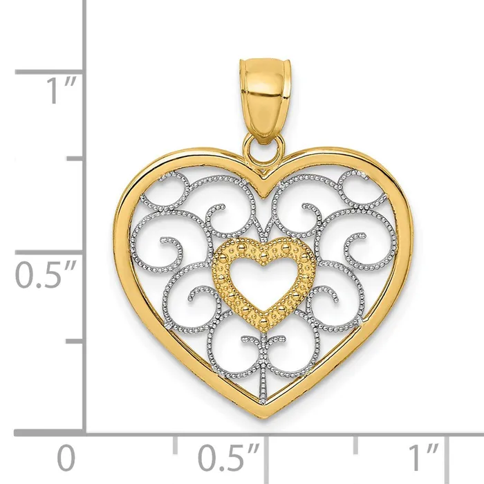 Goldia Charm Necklaces 14k Yellow Rhodium Gold w Rhodium Filigree Heart Charm