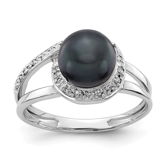 Goldiacom 14k White Gold 75mm Black FW Cultured Pearl AA Real Diamond ring Rings Goldiacom 14k White Gold 75mm Black FW Cultured Pearl AA Real Diamond ring Rings
