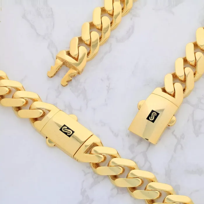 Goldiacom Necklaces 10k Yellow Gold Royal Monaco Miami Cuban Link Curb 15mm Mens Chain Necklace 26
