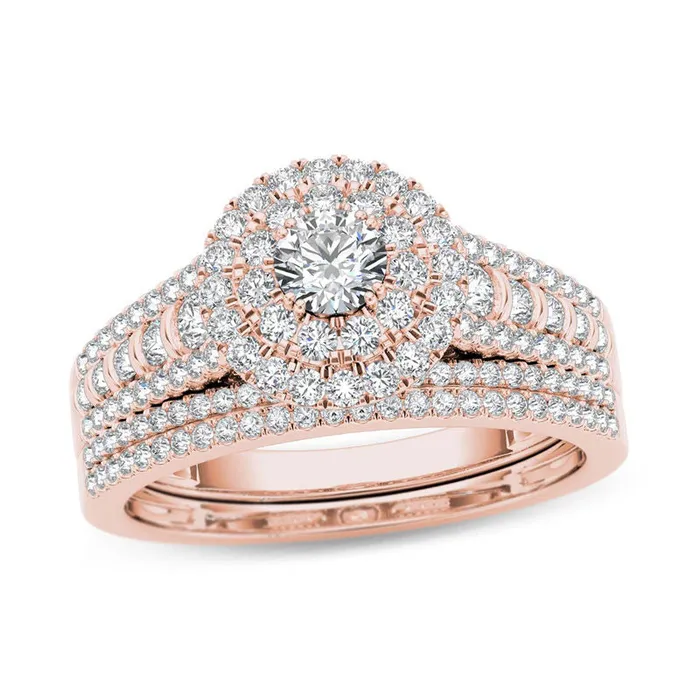 Goldiacom Rings 1 CT TW Diamond Double Frame MultiRow Bridal Engagement Ring Set in 14K Rose Gold Goldiacom Rings 1 CT TW Diamond Double Frame MultiRow Bridal Engagement Ring Set in 14K Rose Gold
