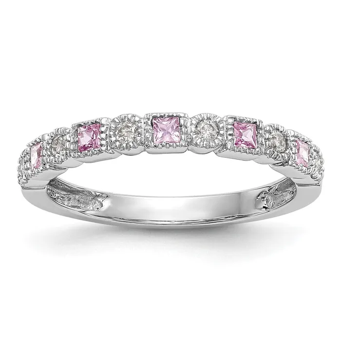 Goldiacom Rings 14k White Gold Real Diamond wPink Sapphire Band