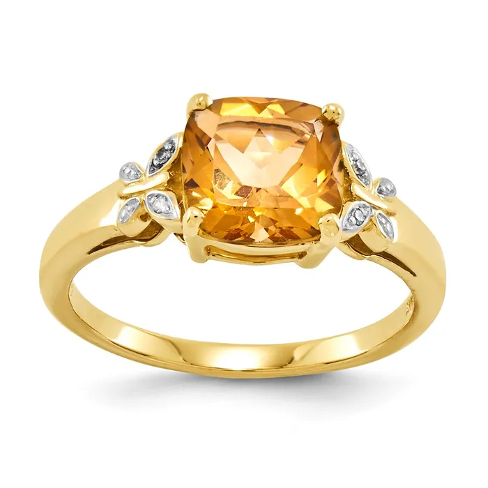 Goldiacom Rings 14K Yellow Gold Real Diamond and Citrine Square Ring