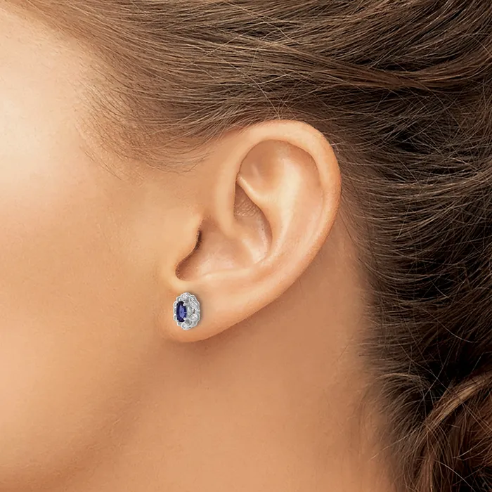 Goldia Earrings 14k White Gold 120 Ct Lab Grown Diamond VSSI G and Oval Created Sapphire Halo Post Earrings