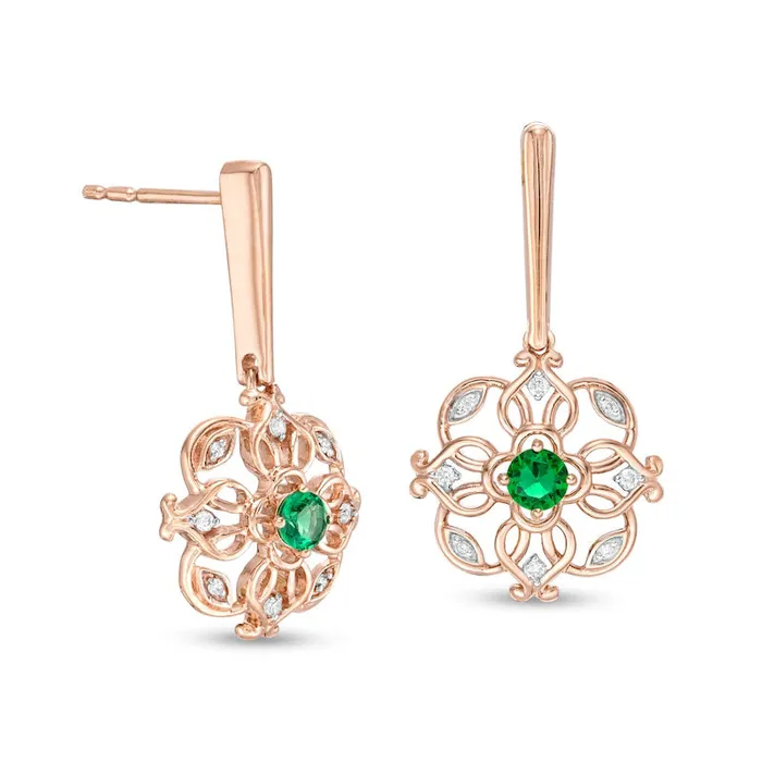 Goldia Earrings 30mm LabCreated Emerald and 005 CT TW Diamond Filigree Clover Drop Earrings in 10K Rose Gold Goldia Earrings 30mm LabCreated Emerald and 005 CT TW Diamond Filigree Clover Drop Earrings in 10K Rose Gold