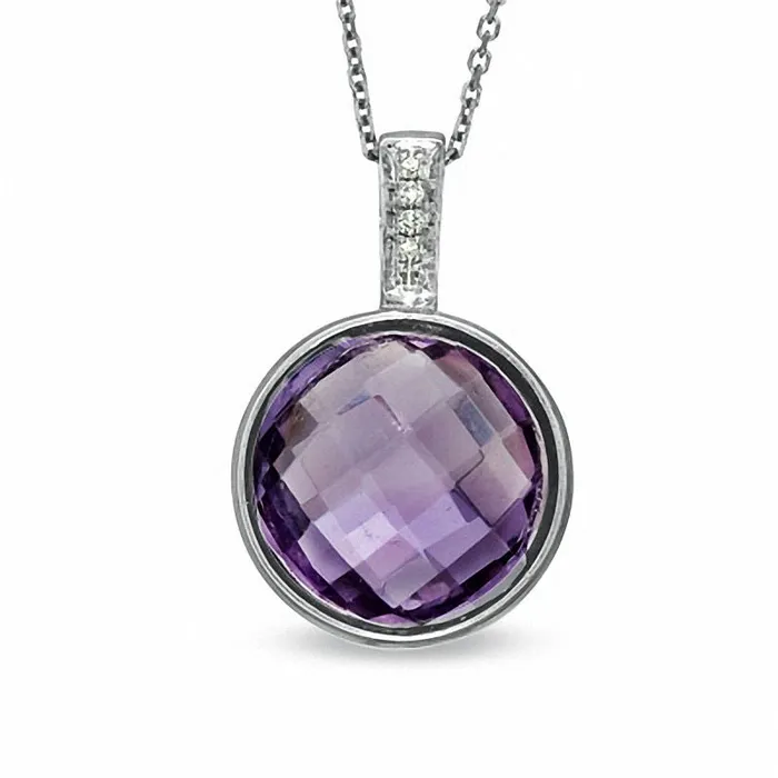 Goldia Necklaces 120mm Checkerboard Amethyst and Natural Diamond Accent Pendant in Sterling Silver Goldia Necklaces 120mm Checkerboard Amethyst and Natural Diamond Accent Pendant in Sterling Silver