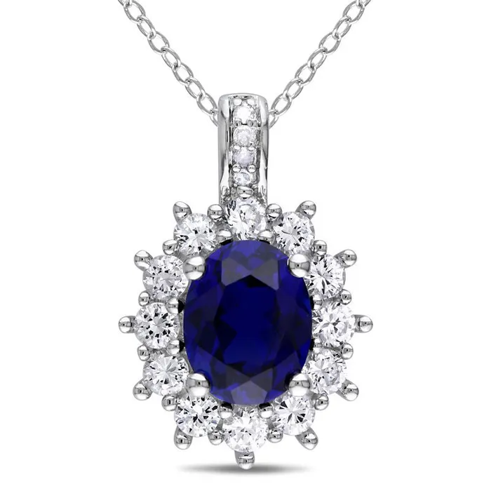 Goldia Necklaces Oval LabCreated Blue and White Sapphire Sunburst Frame Pendant in Sterling Silver with Diamond Accents Goldia Necklaces Oval LabCreated Blue and White Sapphire Sunburst Frame Pendant in Sterling Silver with Diamond Accents