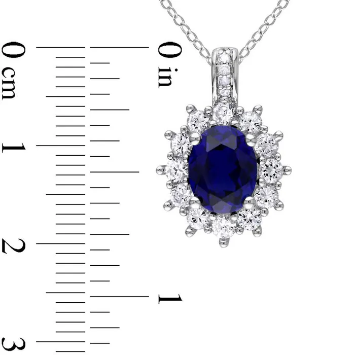 Goldia Necklaces Oval LabCreated Blue and White Sapphire Sunburst Frame Pendant in Sterling Silver with Diamond Accents Goldia Necklaces Oval LabCreated Blue and White Sapphire Sunburst Frame Pendant in Sterling Silver with Diamond Accents