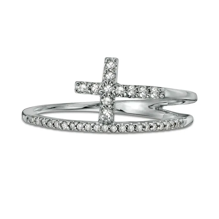 Goldia Rings 017 CT TW Natural Diamond Cross Split Shank Stacked Ring in Solid 10K White Gold Goldia Rings 017 CT TW Natural Diamond Cross Split Shank Stacked Ring in Solid 10K White Gold