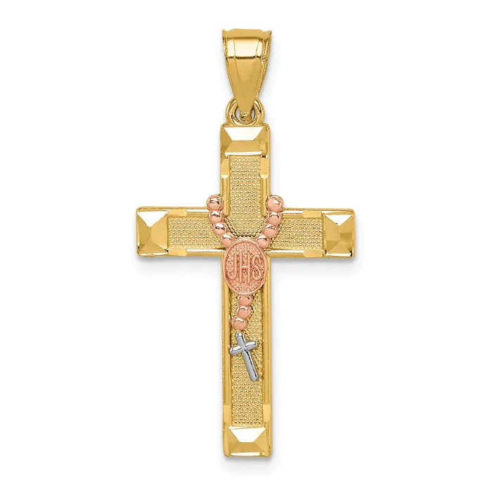 Goldia Rings 14k Twotone Gold White Rhodium Cross wRosary Pendant