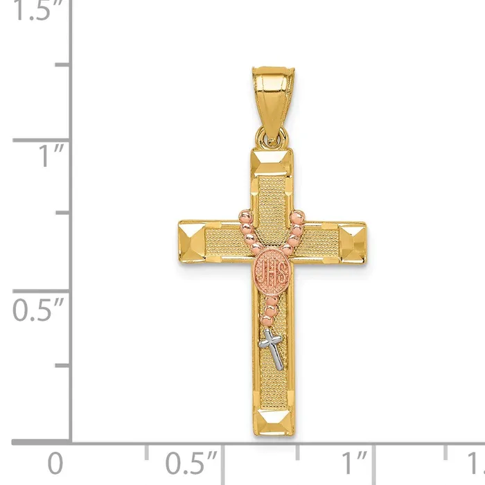 Goldia Rings 14k Twotone Gold White Rhodium Cross wRosary Pendant