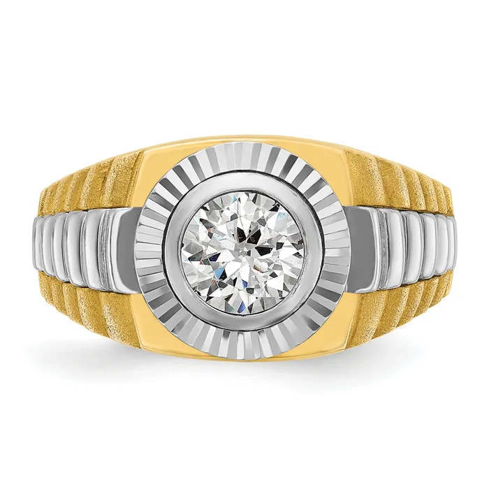 Goldia Rings 14k Twotone Two Tone 1 Ct Lab Grown Diamond VSSI G Polished Satin and Textured Mens Ring