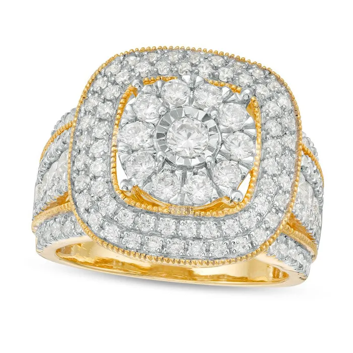 Goldia Rings 20 CT TW Composite Natural Diamond Triple Cushion Frame Split Shank Antique VintageStyle Ring in Solid 10K Yellow Gold Goldia Rings 20 CT TW Composite Natural Diamond Triple Cushion Frame Split Shank Antique VintageStyle Ring in Solid 10K Yellow Gold
